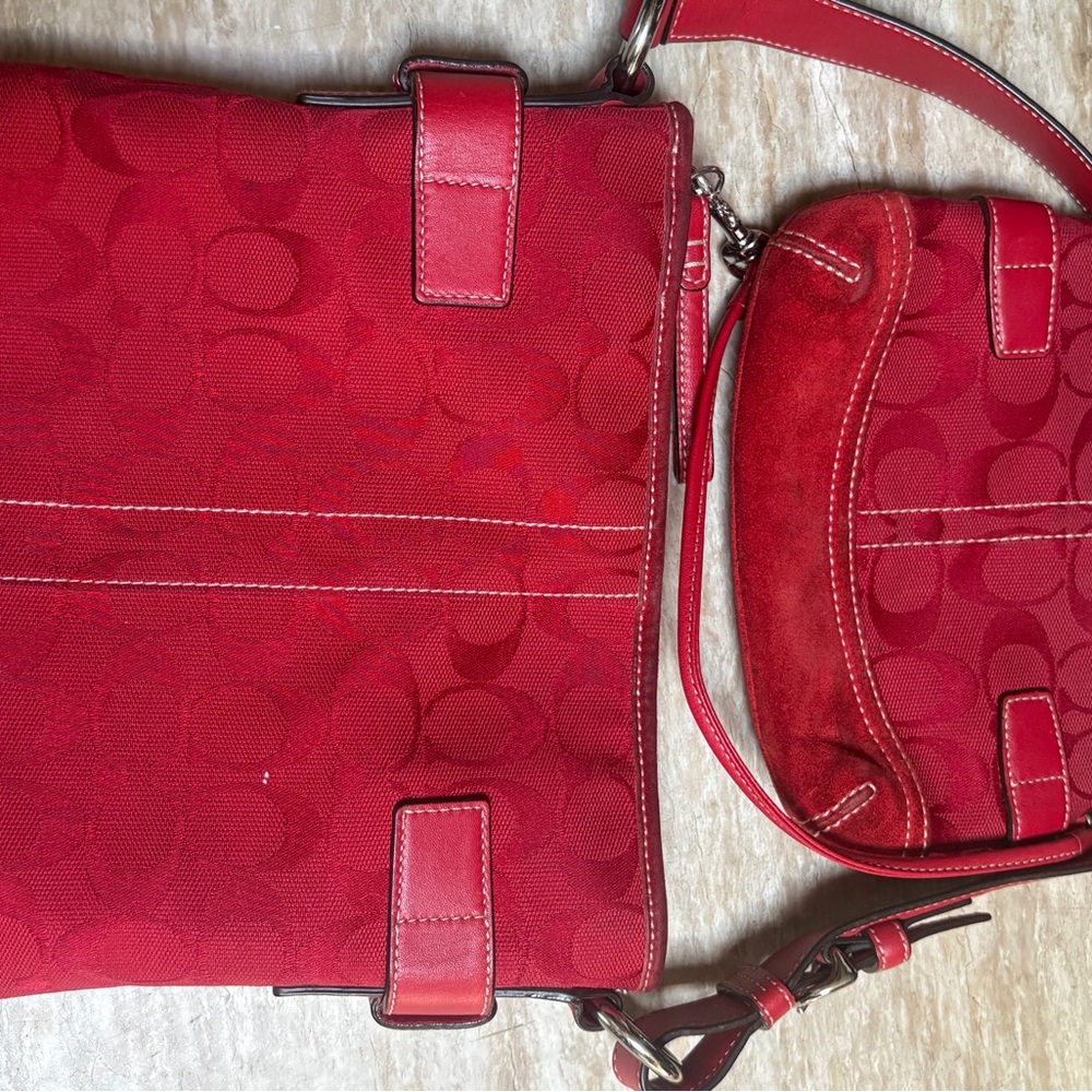 Coach Red Signature Crossbody Bag + Pouch Set Leather Trim - Picture 5 of 10